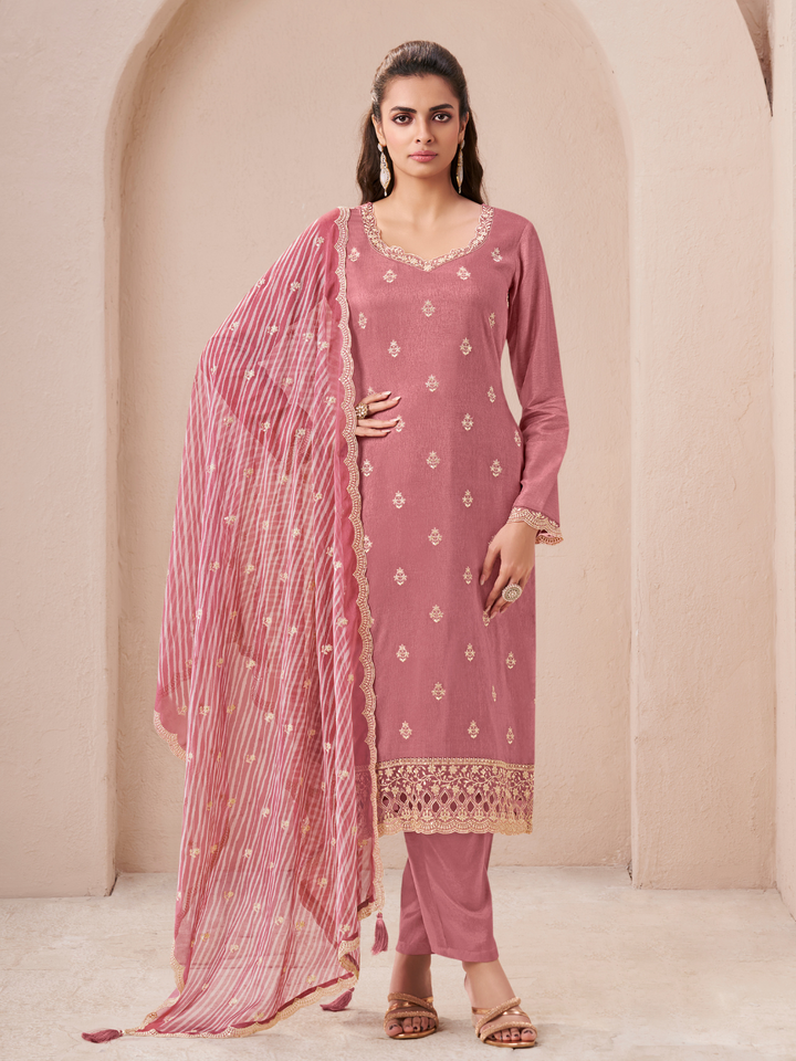 Peach Silk with Digital Print Dupatta Unstitched Salwar Suit