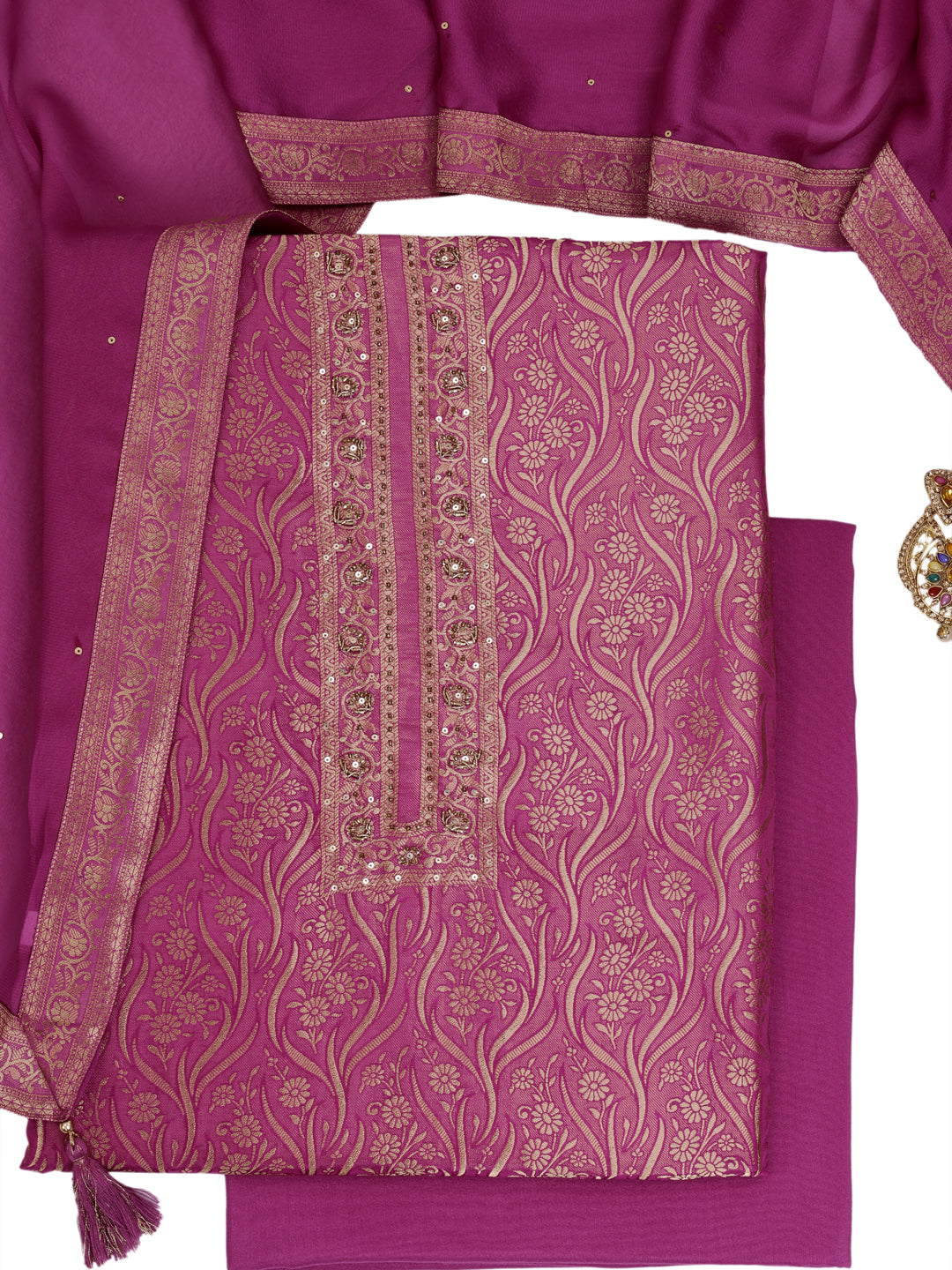 Purple Tissue Shimmer Jacquard Kurta with Lace and Sequins, Unstitched Salwar Suit