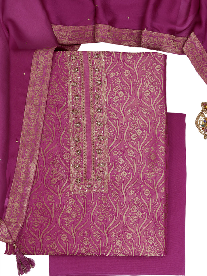 Purple Tissue Shimmer Jacquard Kurta with Lace and Sequins, Unstitched Salwar Suit