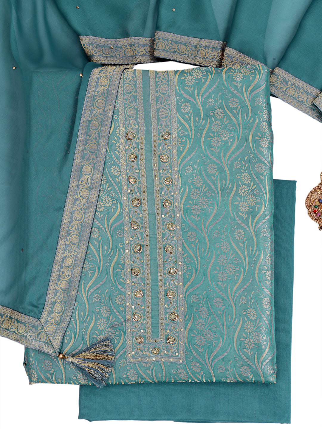 Teal Blue Tissue Shimmer Jacquard Kurta with Lace and Sequins, Unstitched Salwar Suit