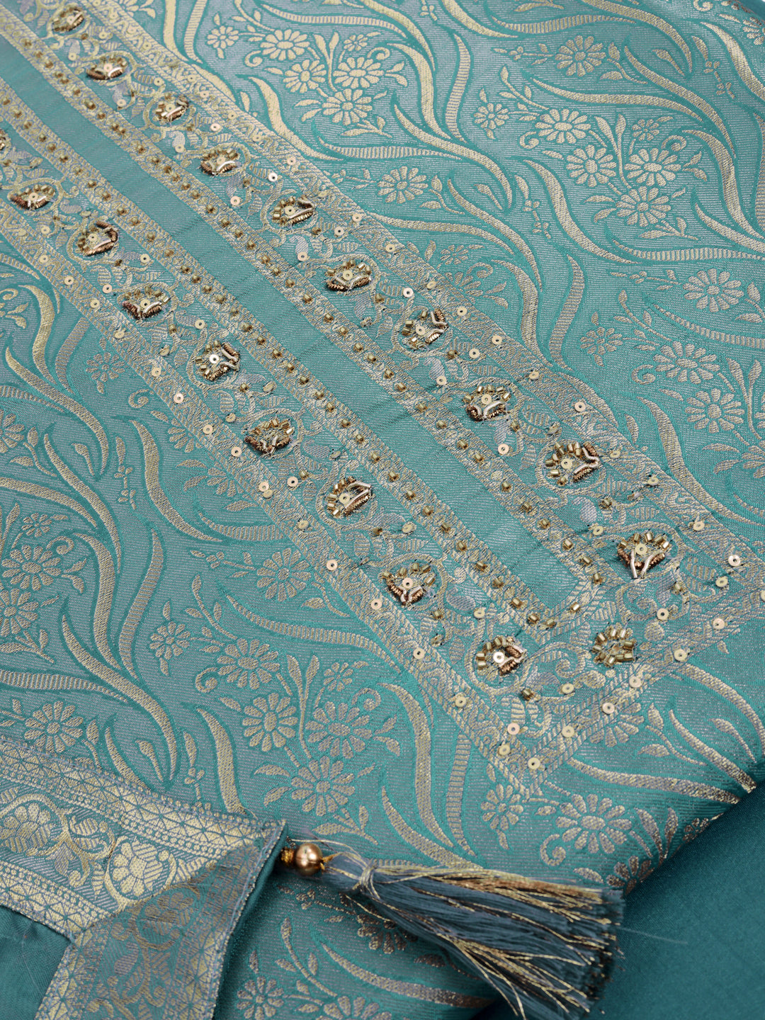 Teal Blue Tissue Shimmer Jacquard Kurta with Lace and Sequins, Unstitched Salwar Suit