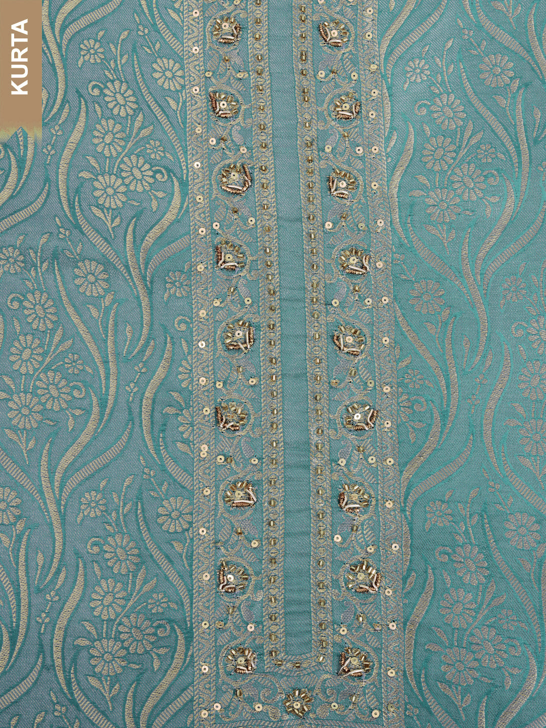 Teal Blue Tissue Shimmer Jacquard Kurta with Lace and Sequins, Unstitched Salwar Suit