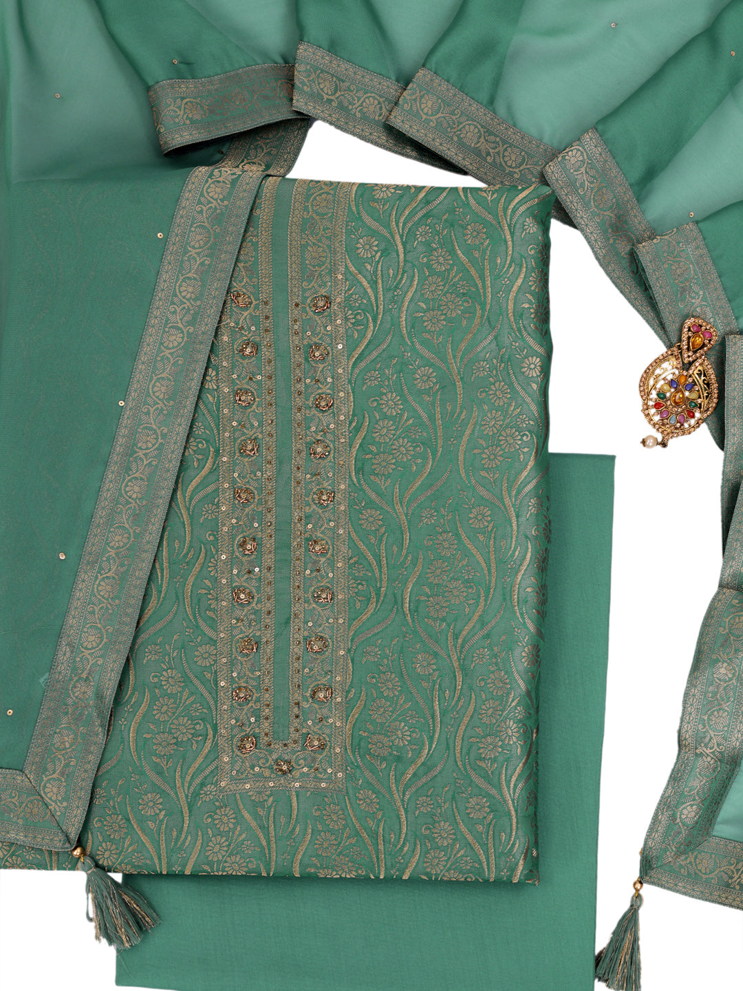 Green Tissue Shimmer Jacquard Kurta with Lace and Sequins, Unstitched Salwar Suit