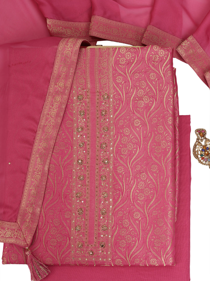 Pink Tissue Shimmer Jacquard Kurta with Lace and Sequins, Unstitched Salwar Suit