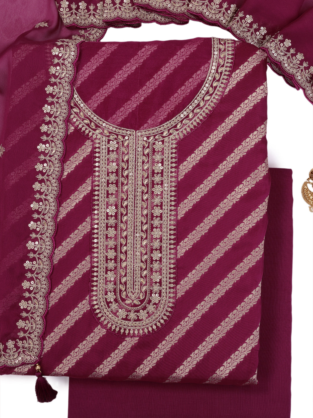 Wine Lotus Silk Kurta with Sequins Embroidery, Unstitched Salwar Suit.