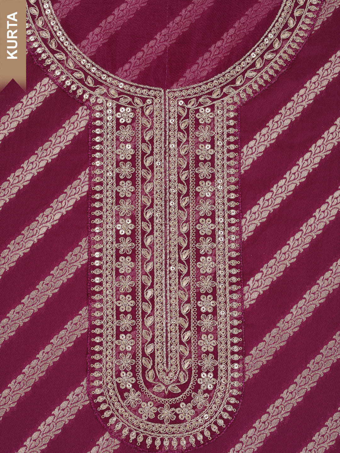 Wine Lotus Silk Kurta with Sequins Embroidery, Unstitched Salwar Suit.