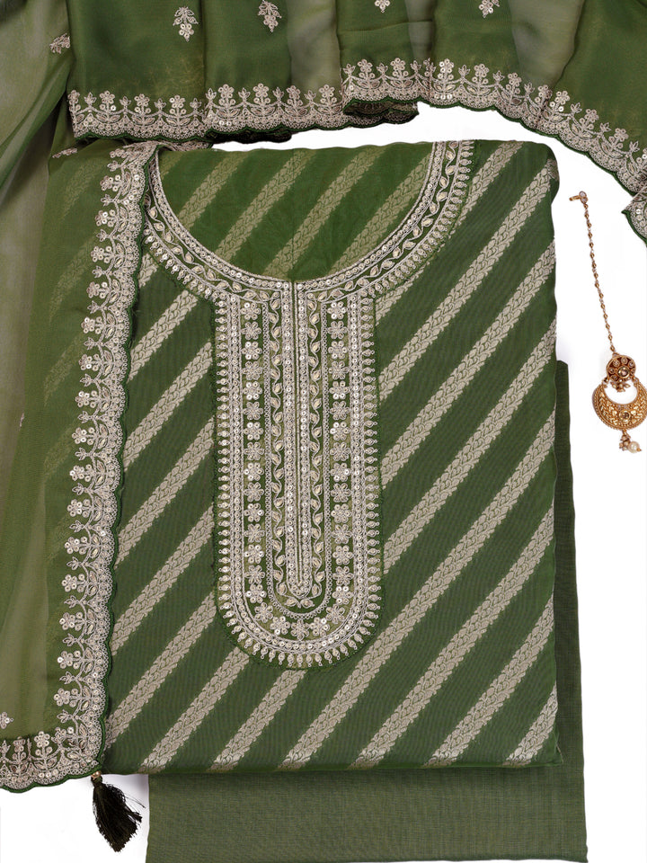 Green Lotus Silk Kurta with Sequins Embroidery, Unstitched Salwar Suit.