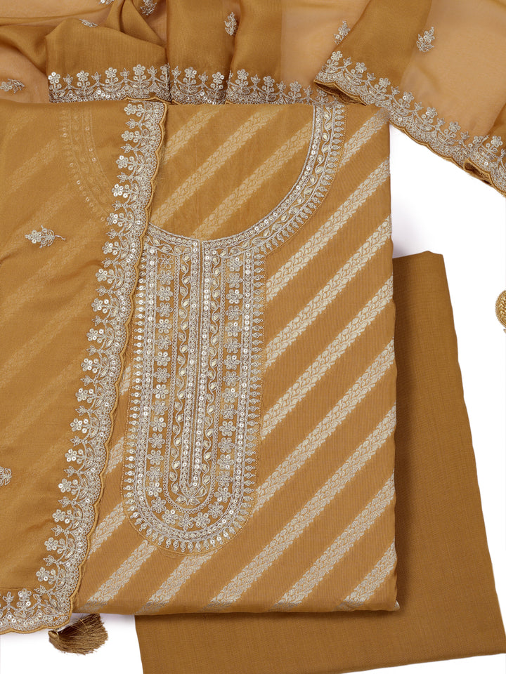 Yellow Lotus Silk Kurta with Sequins Embroidery, Unstitched Salwar Suit.