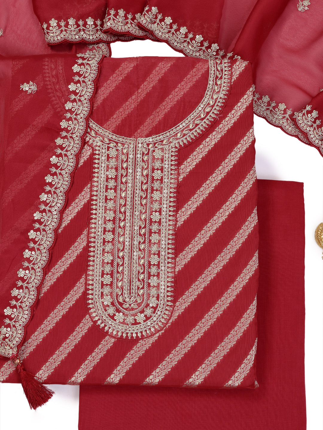 Red Lotus Silk Kurta with Sequins Embroidery, Unstitched Salwar Suit.