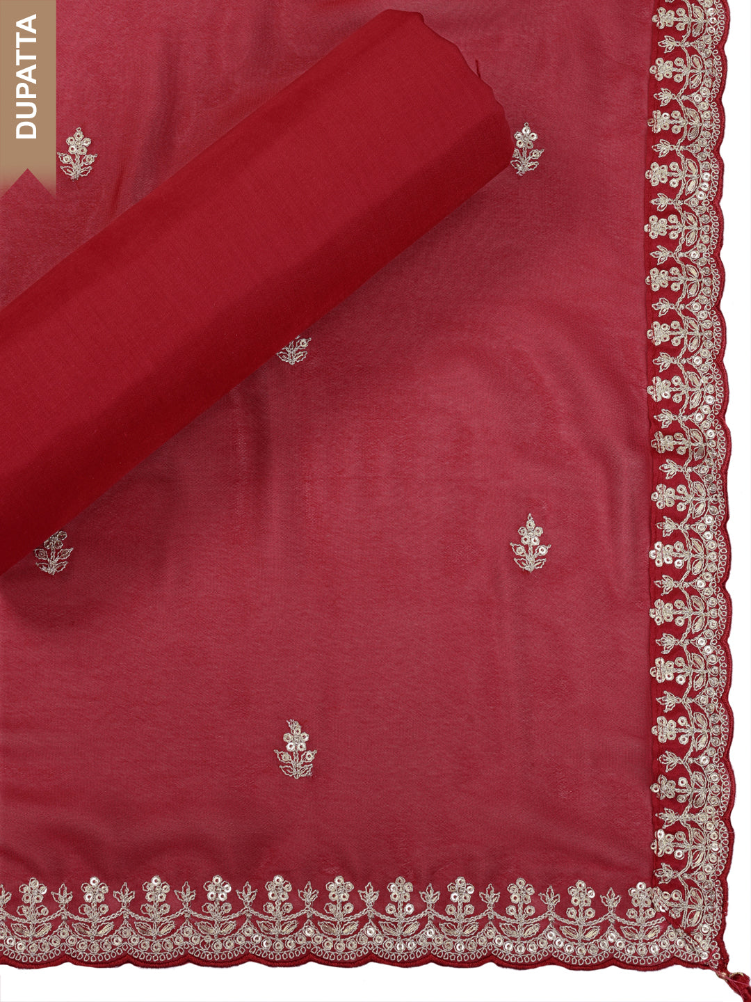 Red Lotus Silk Kurta with Sequins Embroidery, Unstitched Salwar Suit.