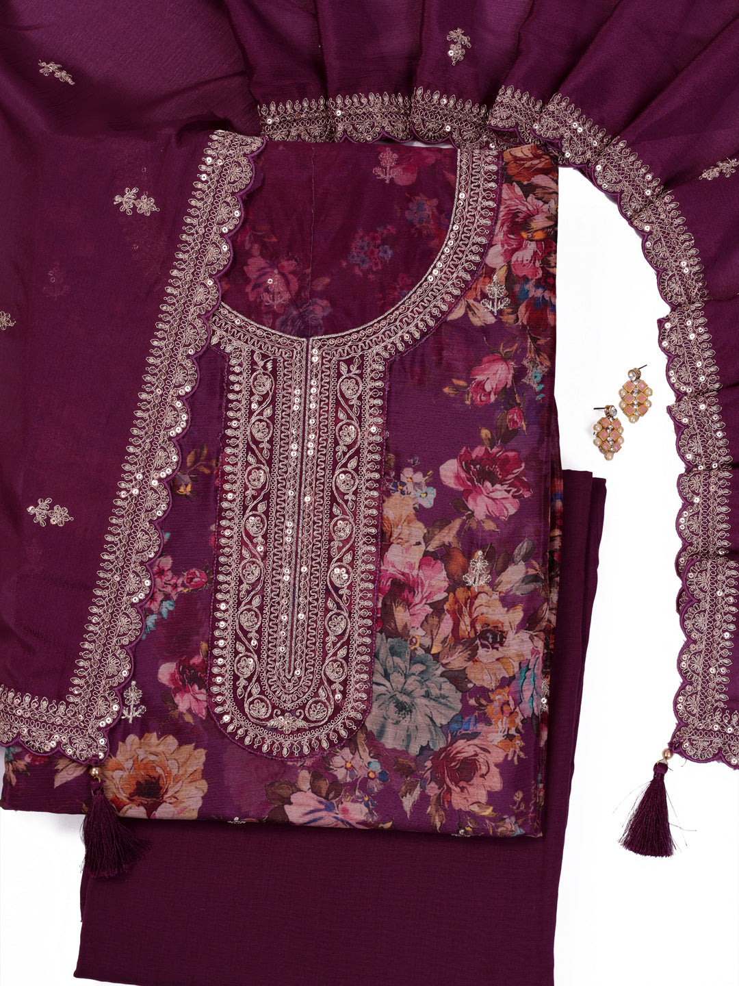 Purple Chinon Floral Printed Top Embroidered Unstitched Salwar Suit