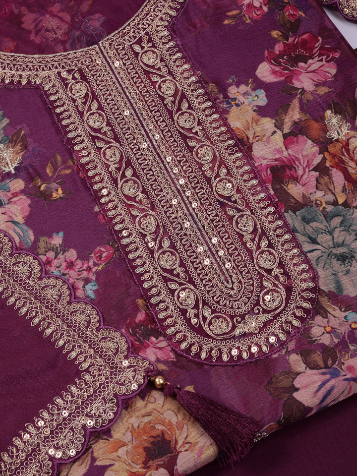 Purple Chinon Floral Printed Top Embroidered Unstitched Salwar Suit