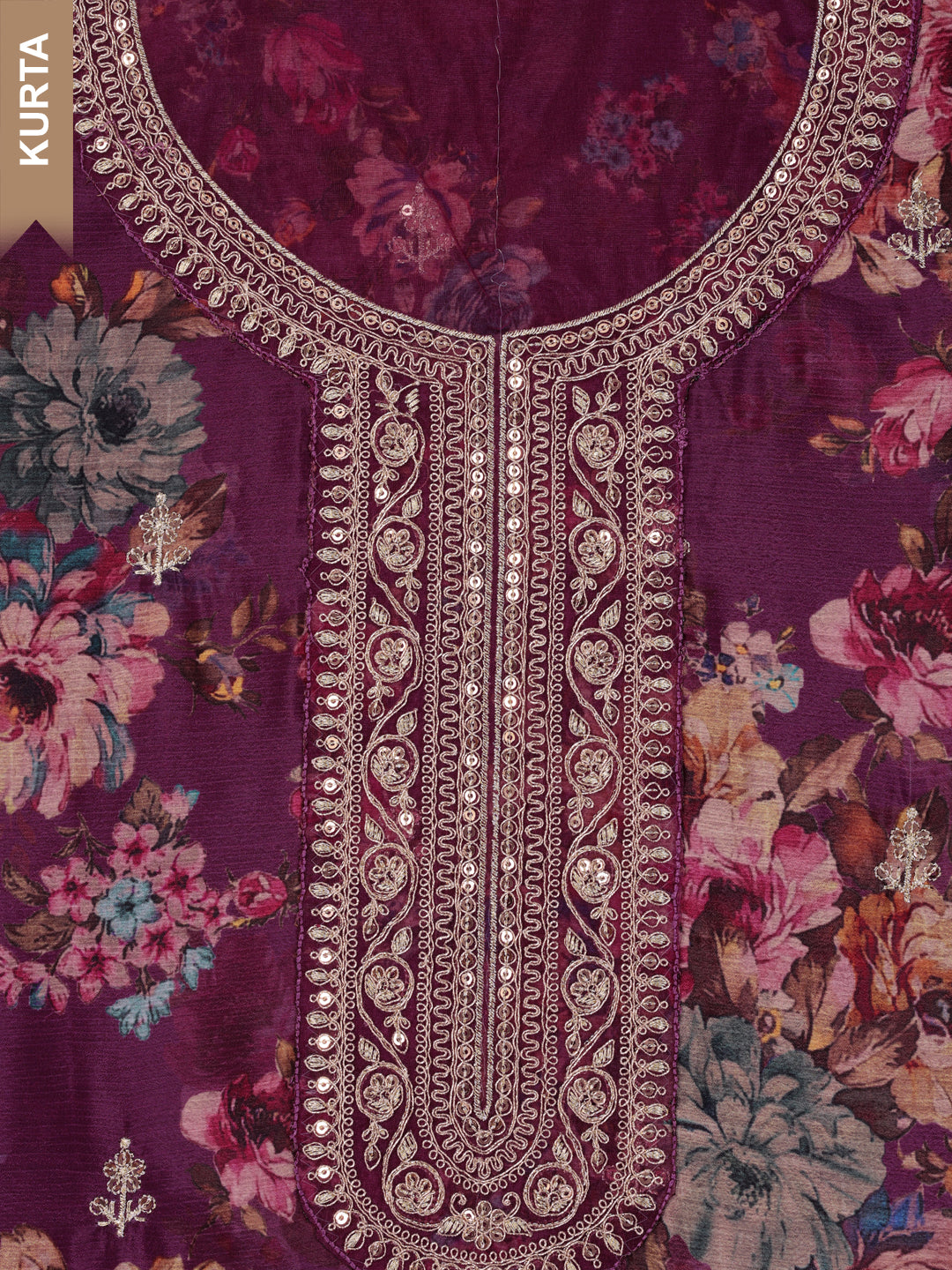 Purple Chinon Floral Printed Top Embroidered Unstitched Salwar Suit