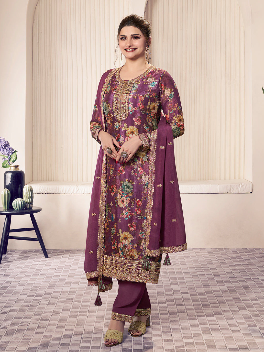 Purple Chinon Floral Printed Top Embroidered Unstitched Salwar Suit