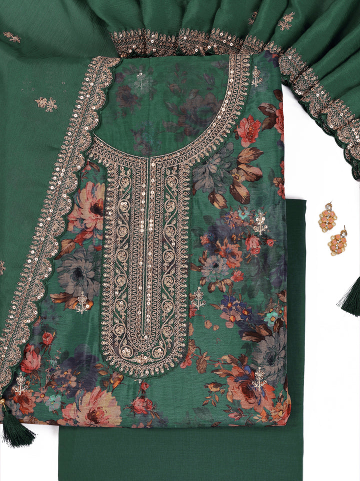 Green Chinon Floral Printed Top Embroidered Unstitched Salwar Suit