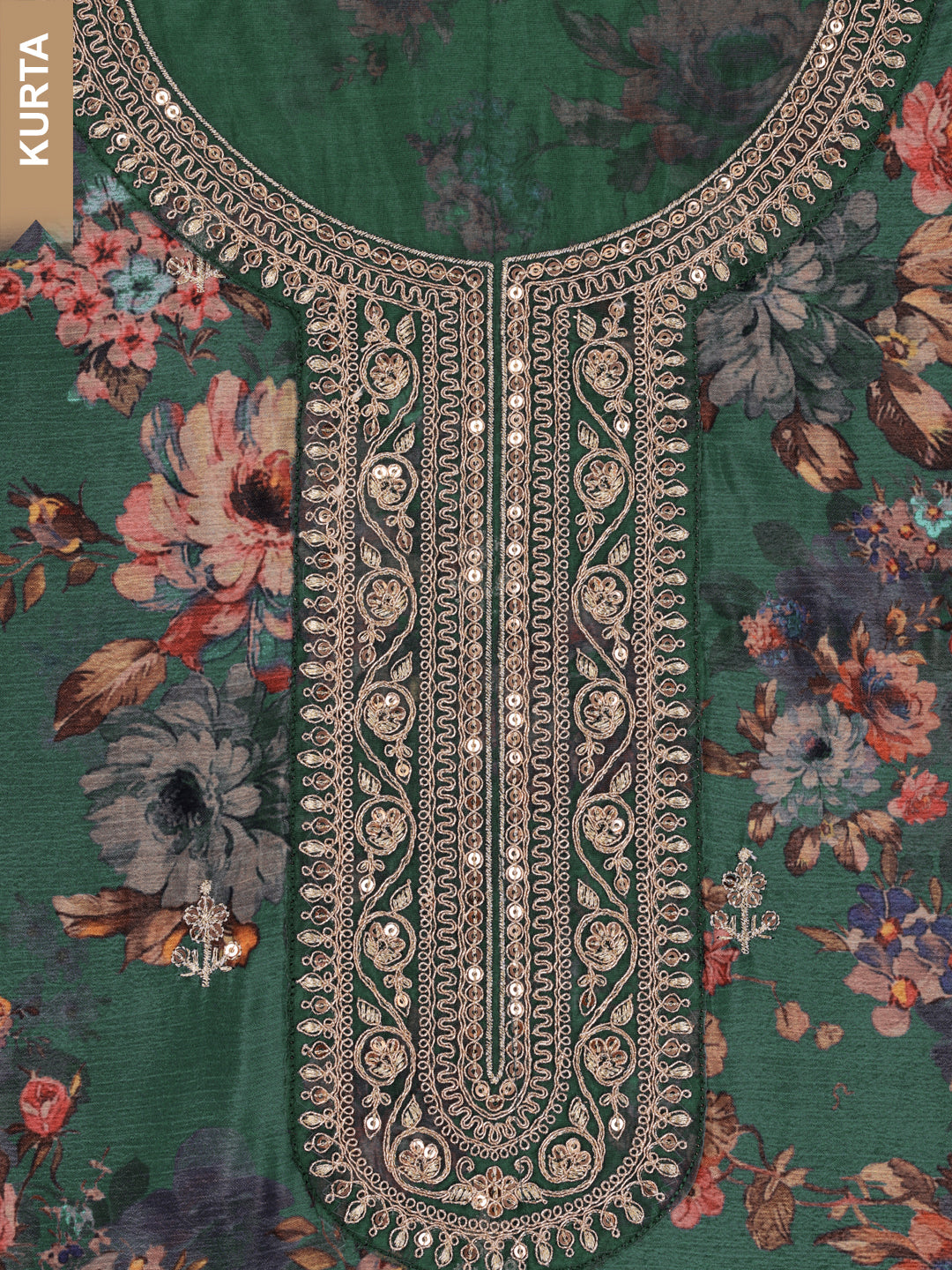 Green Chinon Floral Printed Top Embroidered Unstitched Salwar Suit