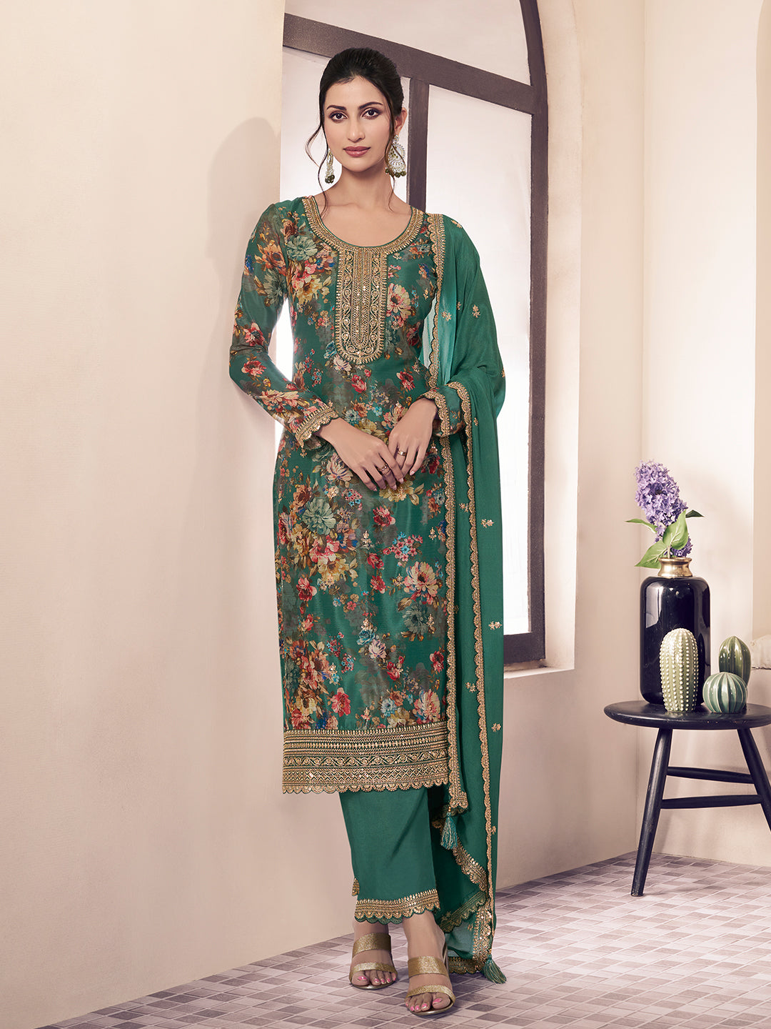 Green Chinon Floral Printed Top Embroidered Unstitched Salwar Suit