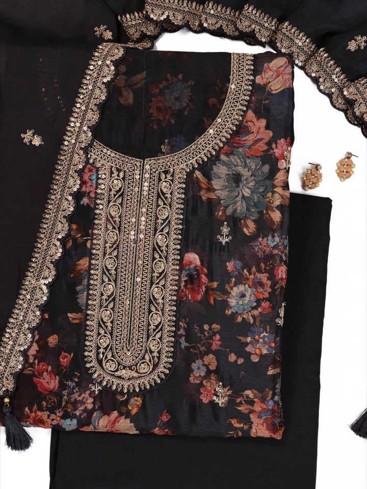 Black Chinon Floral Printed Top Embroidered Unstitched Salwar Suit