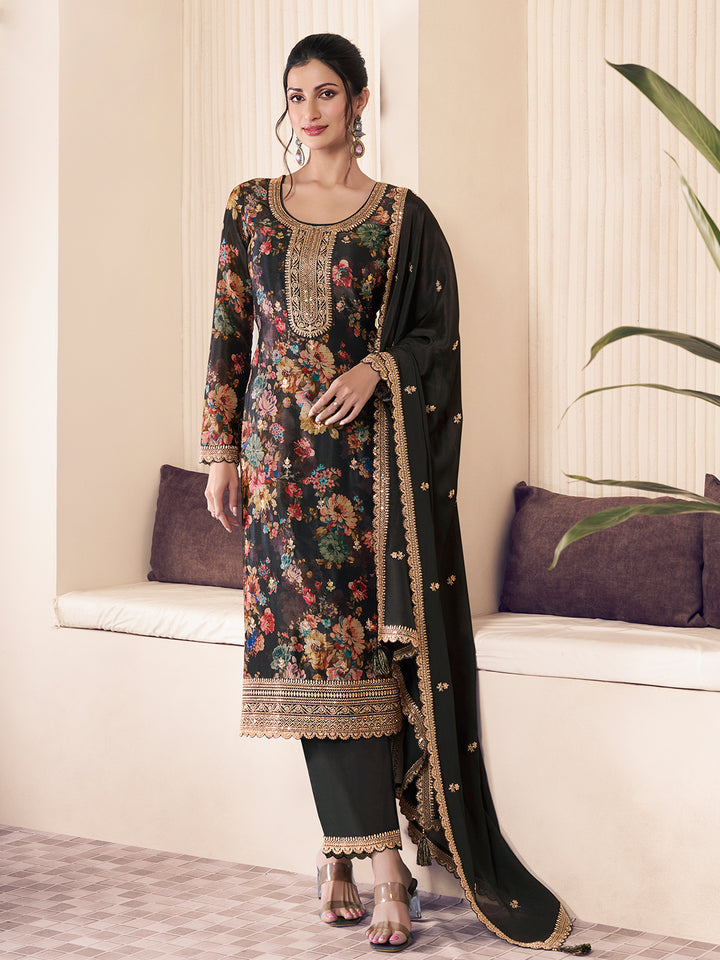 Black Chinon Floral Printed Top Embroidered Unstitched Salwar Suit