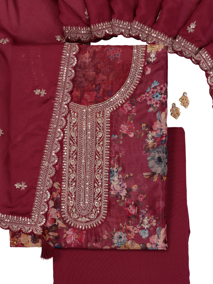 Red Chinon Floral Printed Top Embroidered Unstitched Salwar Suit