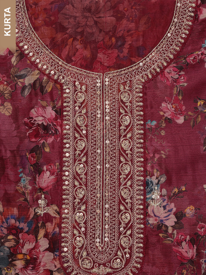 Red Chinon Floral Printed Top Embroidered Unstitched Salwar Suit