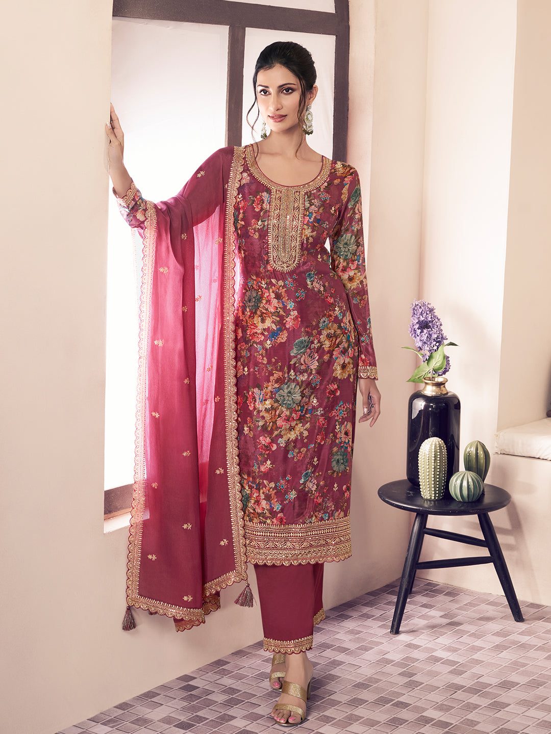 Red Chinon Floral Printed Top Embroidered Unstitched Salwar Suit