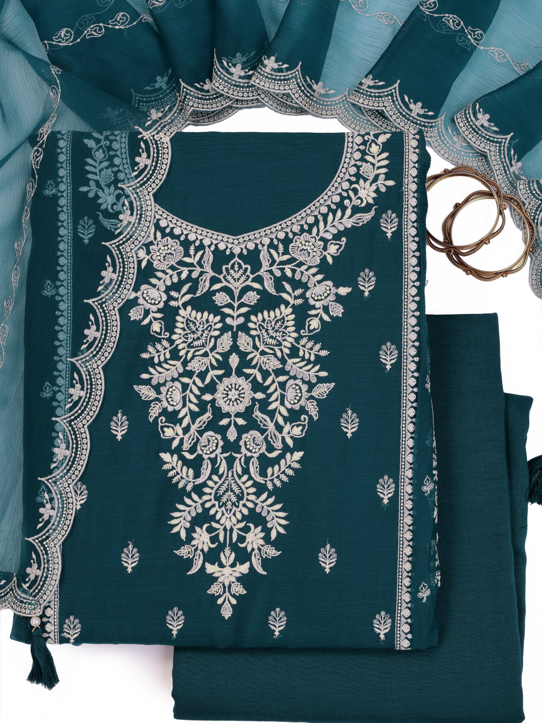 Blue chiffon top with thread embroidery and tassels, unstitched salwar suit.