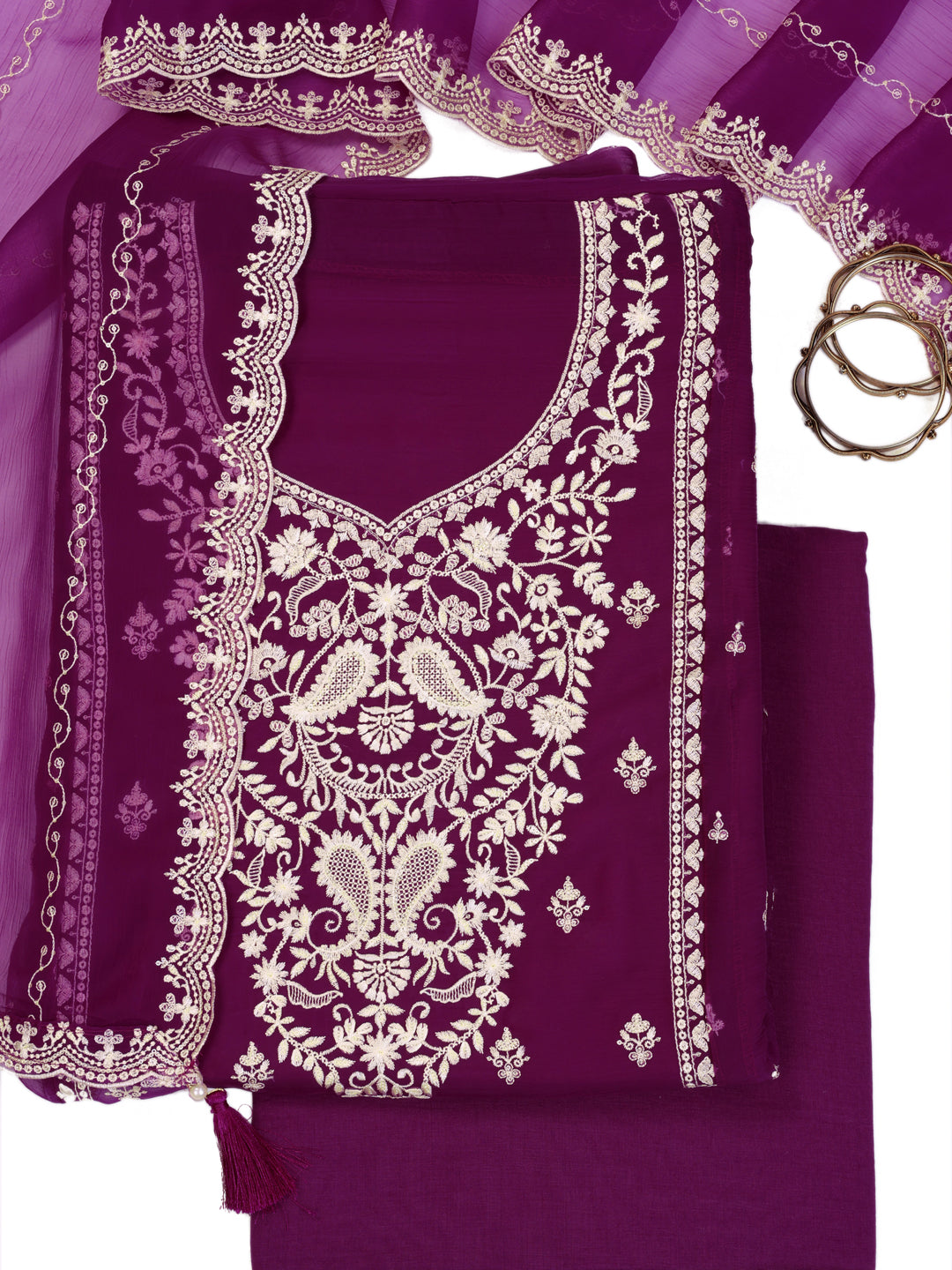 Purple chiffon top with thread embroidery and tassels, unstitched salwar suit.