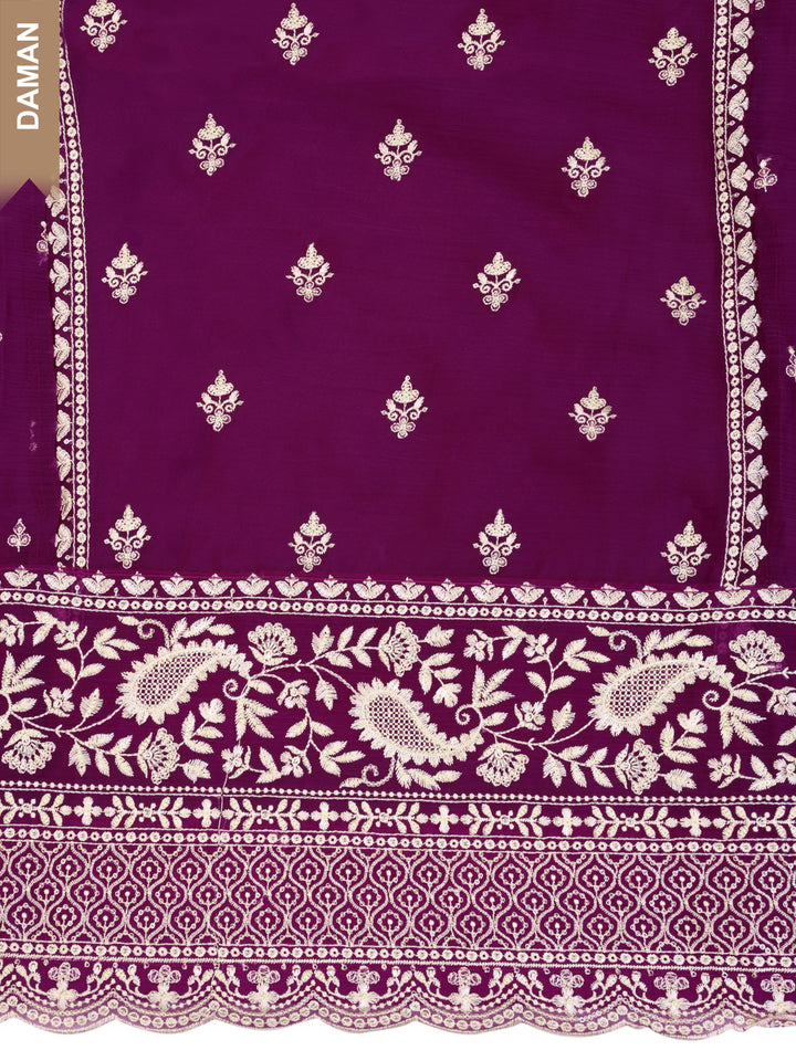 Purple chiffon top with thread embroidery and tassels, unstitched salwar suit.