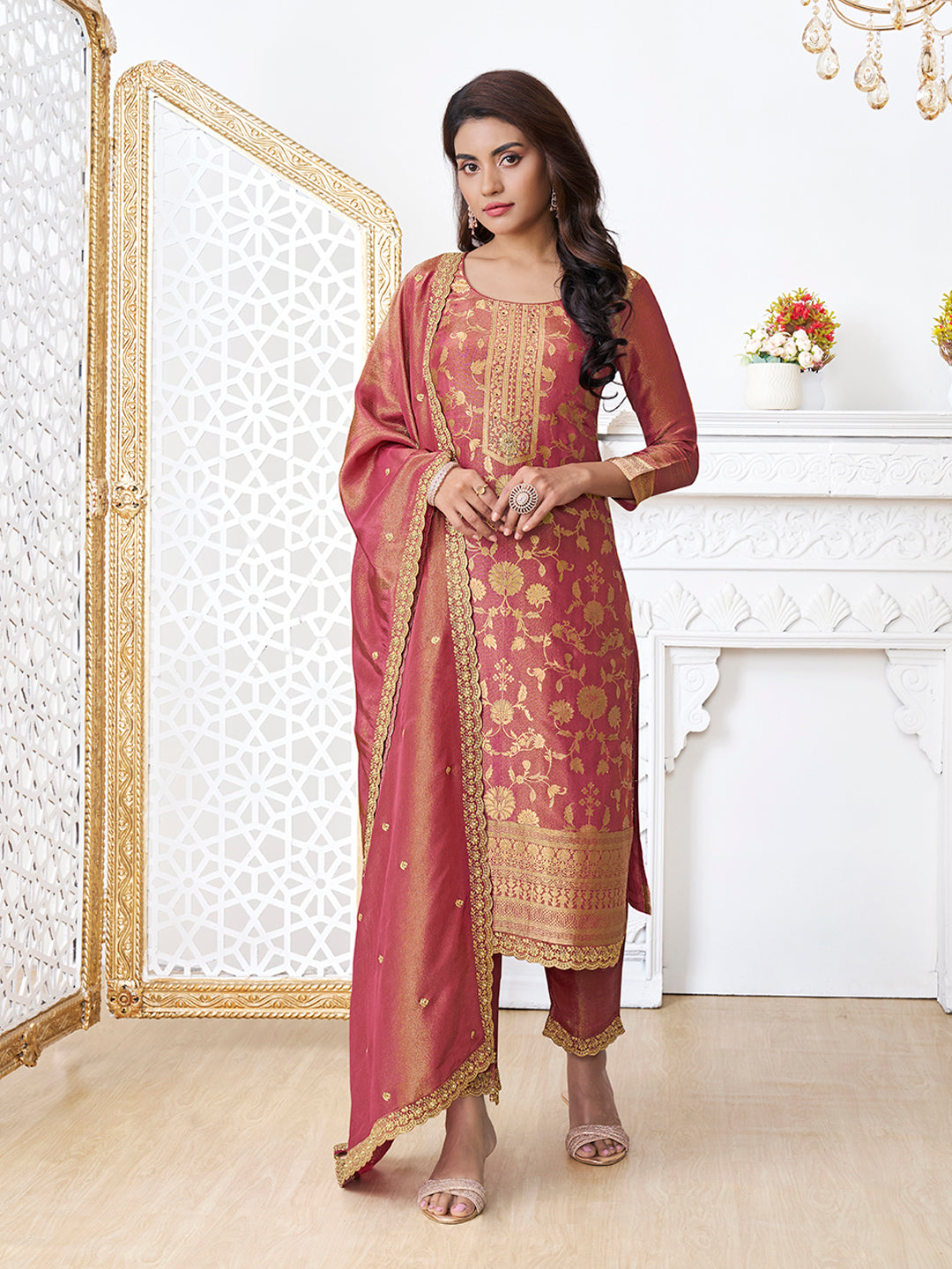 Red Tissue Shimmer Jacquard Kurta Suit Set