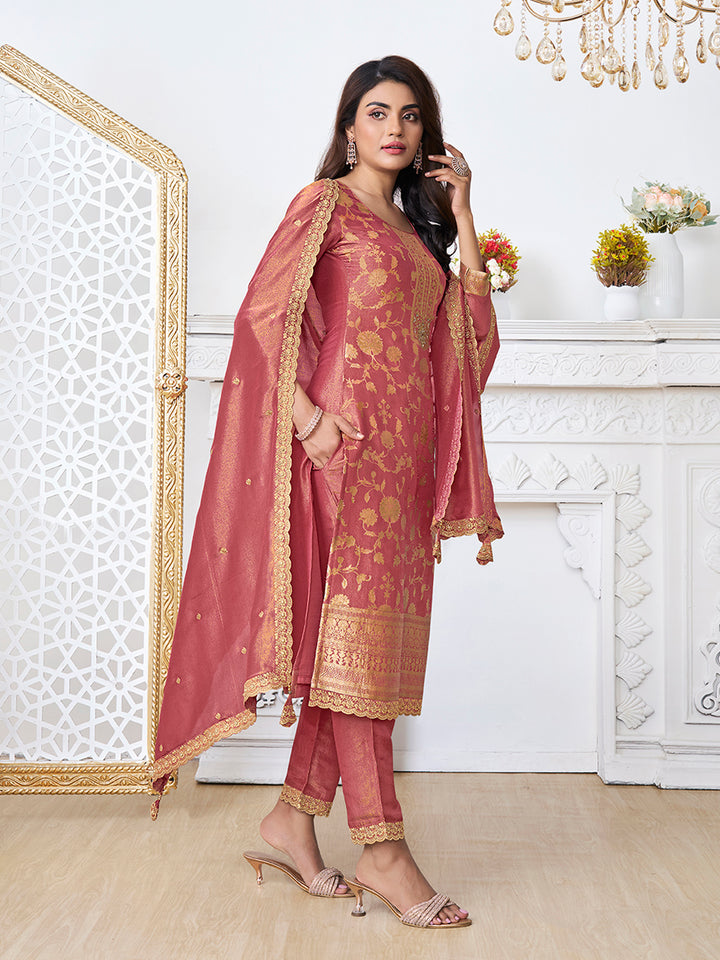 Red Tissue Shimmer Jacquard Kurta Suit Set