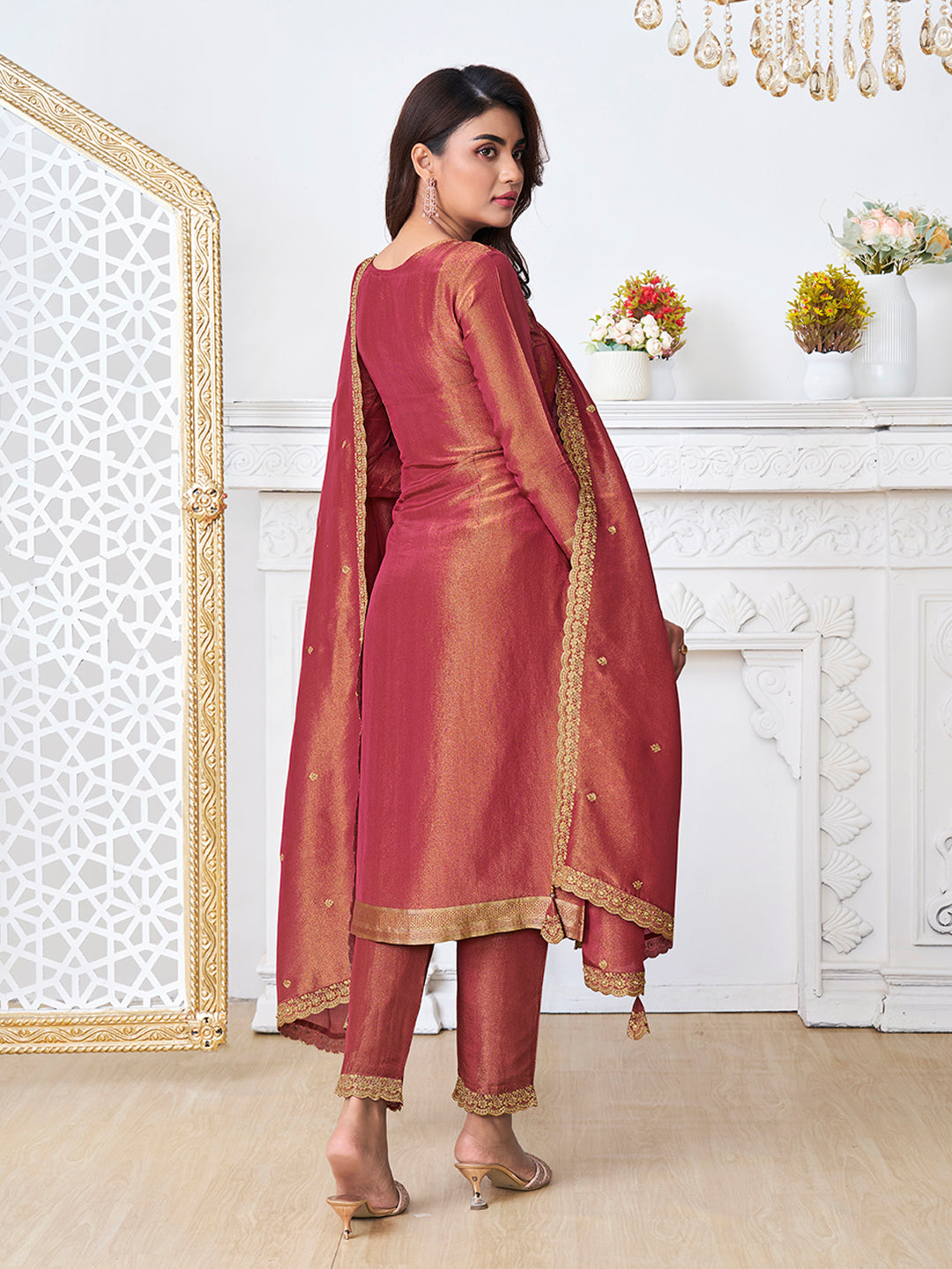 Red Tissue Shimmer Jacquard Kurta Suit Set