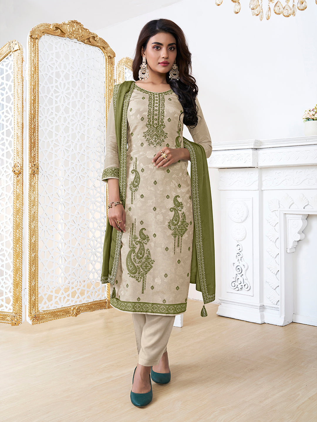 Cream Tissue Embossed Jacquard Kurta Suit Set