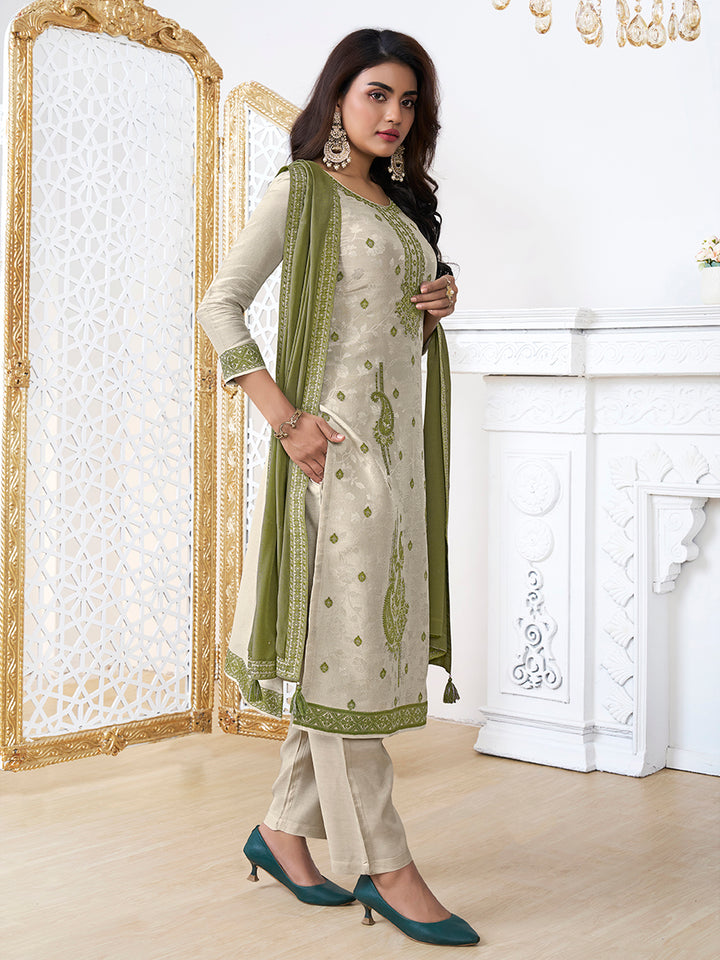 Cream Tissue Embossed Jacquard Kurta Suit Set