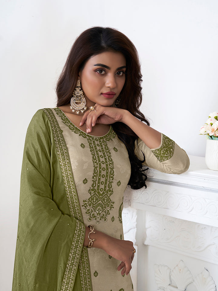 Cream Tissue Embossed Jacquard Kurta Suit Set