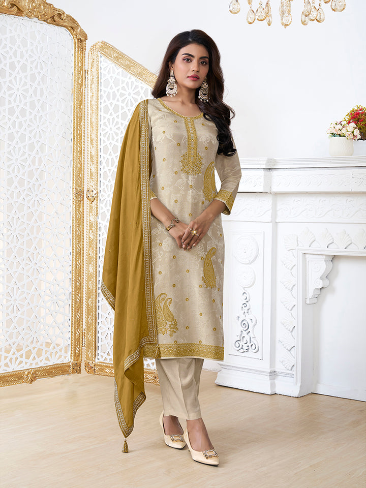 Cream Tissue Embossed Jacquard Kurta Suit Set