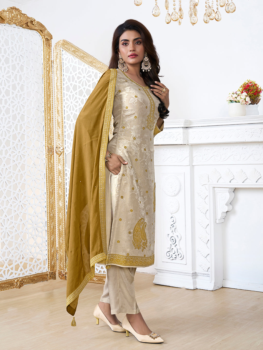 Cream Tissue Embossed Jacquard Kurta Suit Set