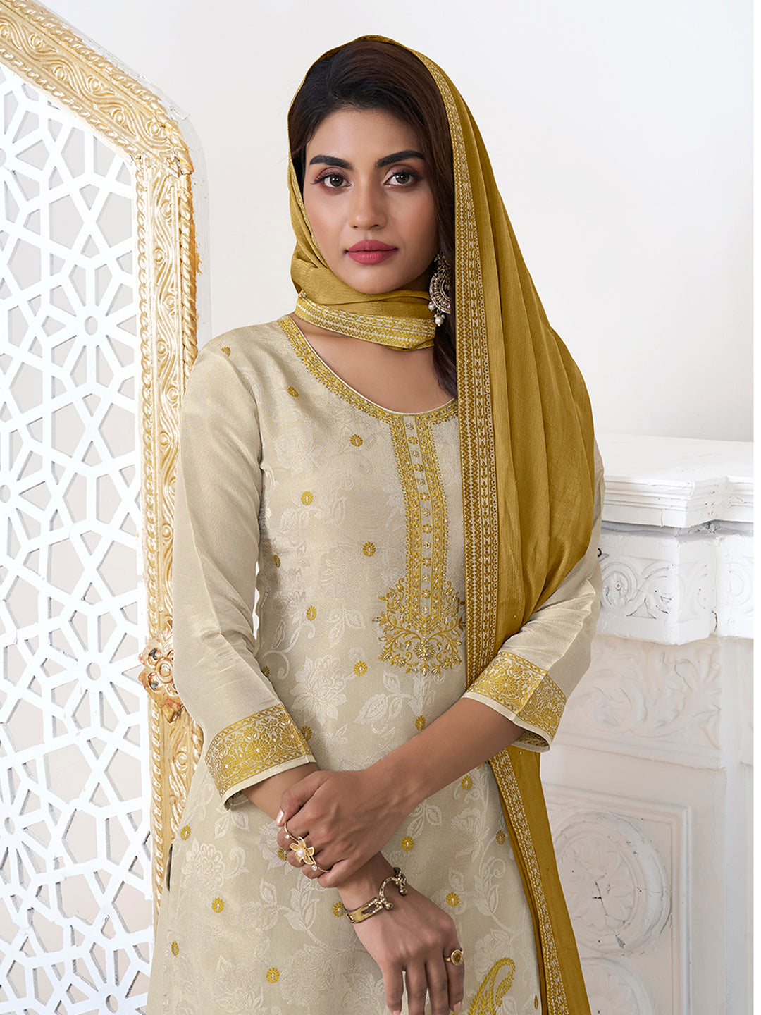 Cream Tissue Embossed Jacquard Kurta Suit Set