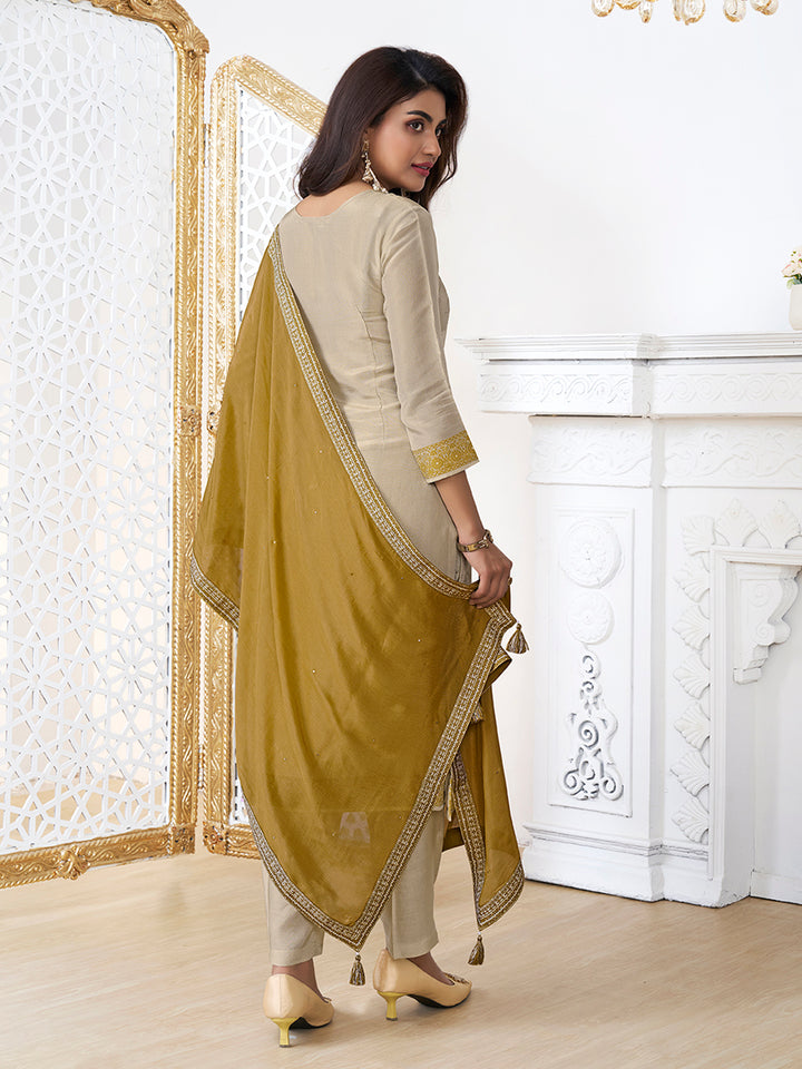 Cream Tissue Embossed Jacquard Kurta Suit Set