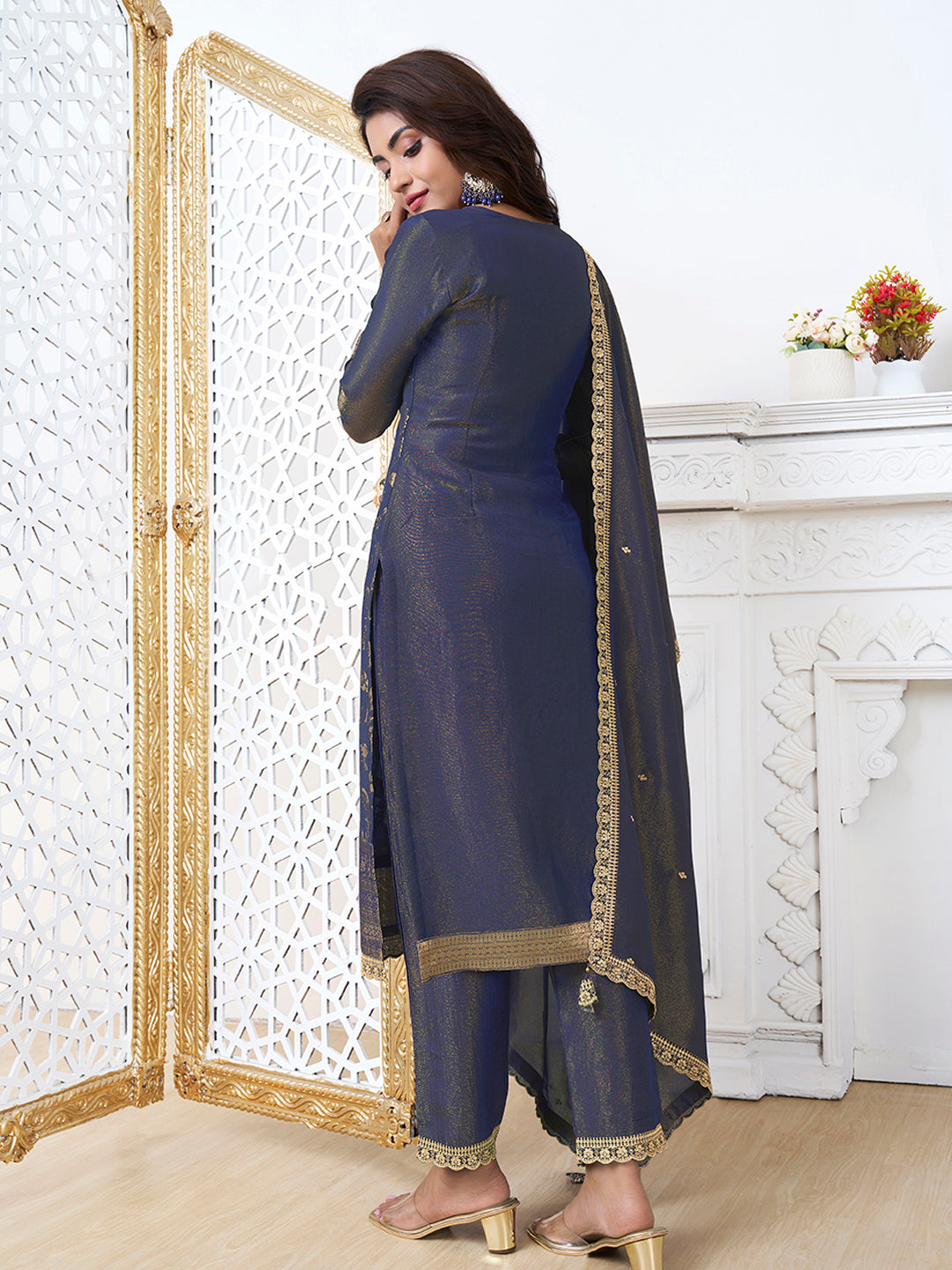 Blue Tissue Shimmer Jacquard Kurta Suit Set