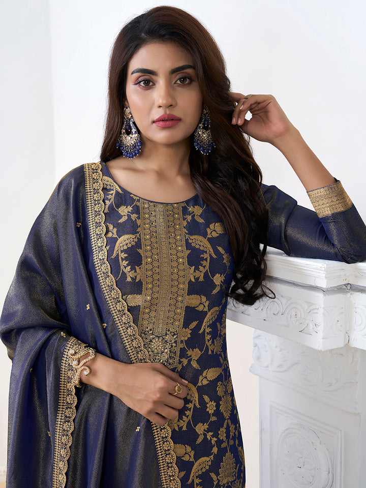 Blue Tissue Shimmer Jacquard Kurta Suit Set