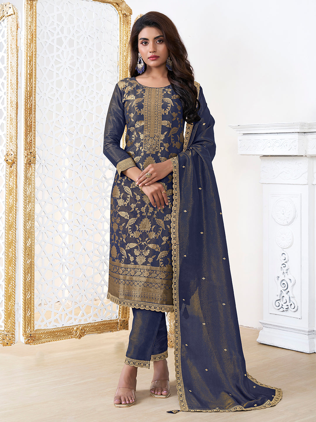 Blue Tissue Shimmer Jacquard Kurta Suit Set