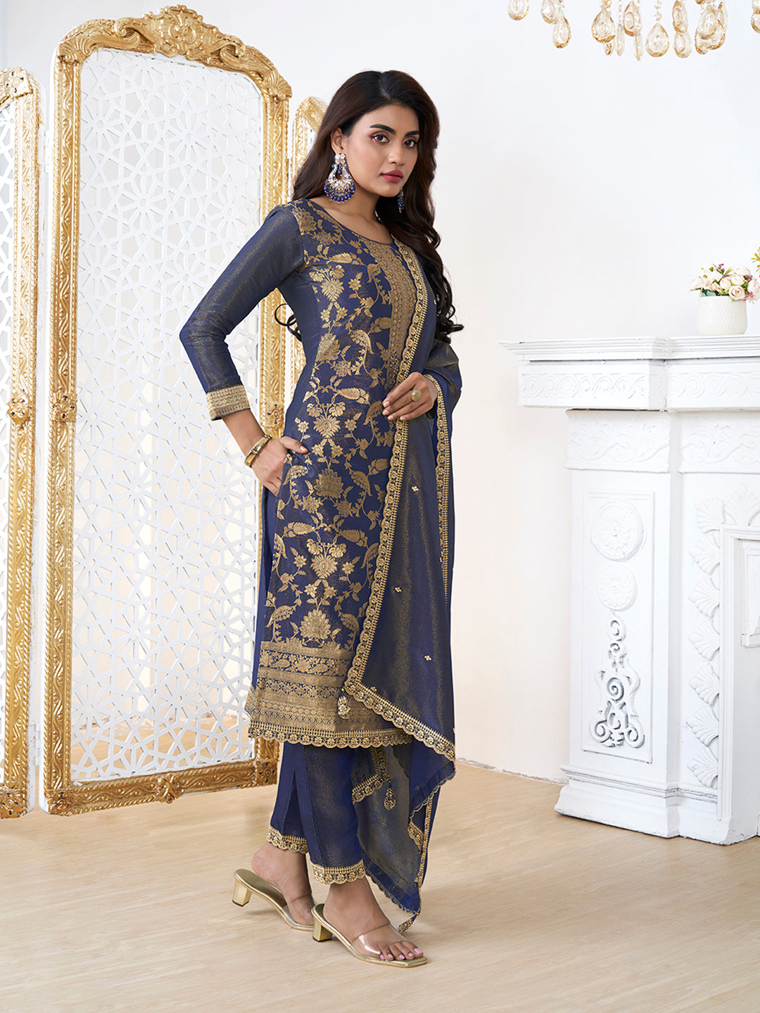 Blue Tissue Shimmer Jacquard Kurta Suit Set