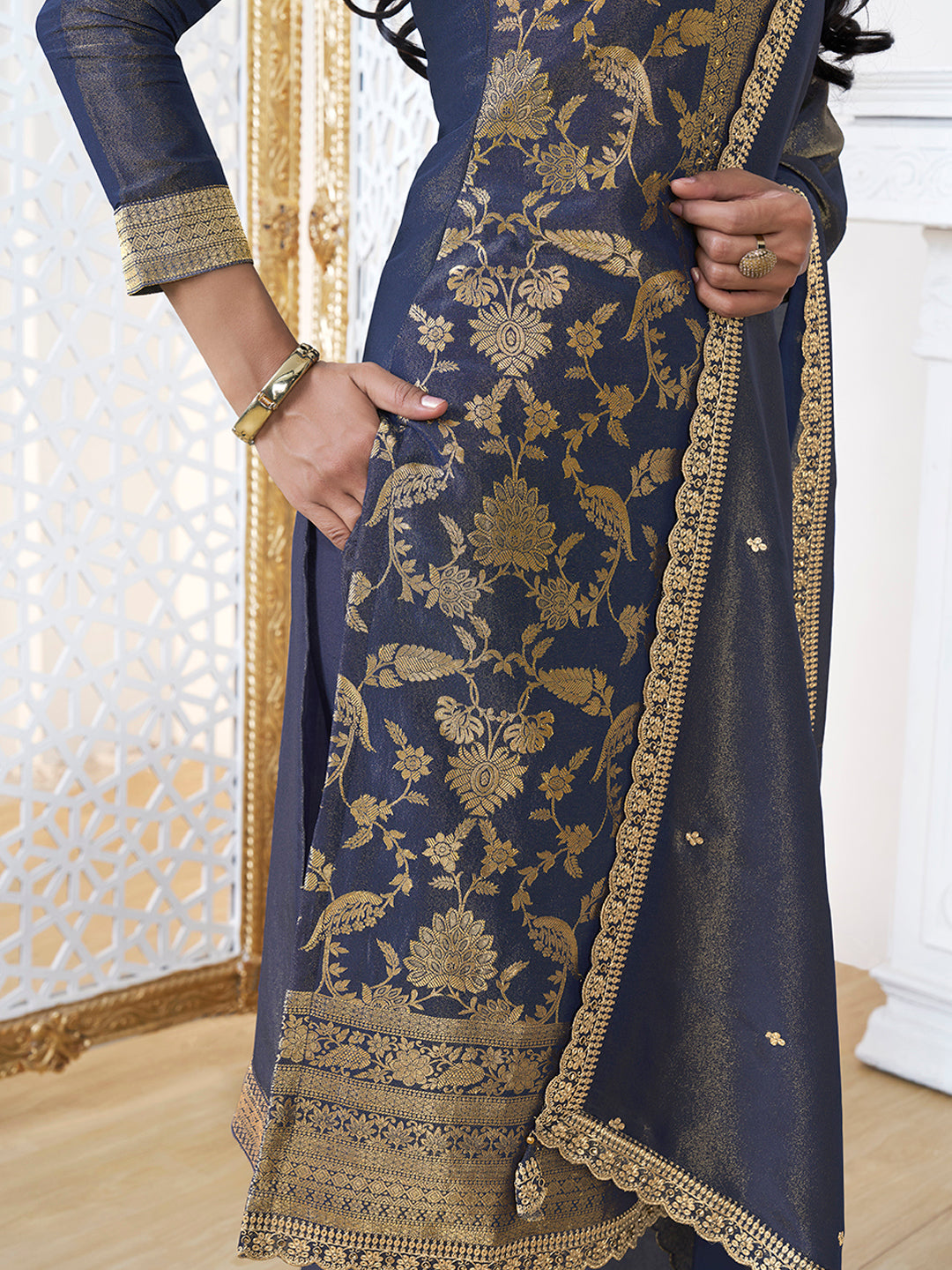 Blue Tissue Shimmer Jacquard Kurta Suit Set