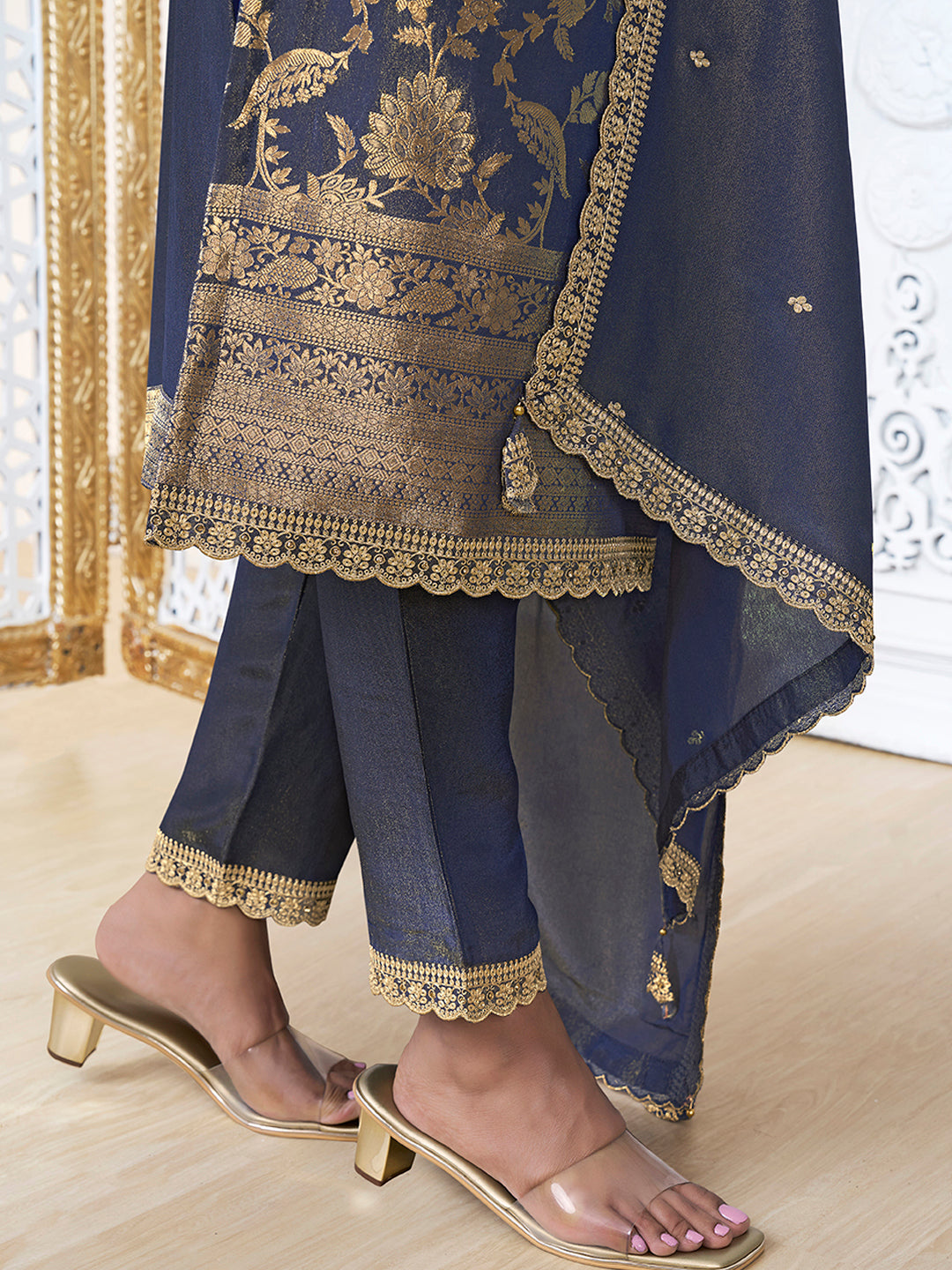 Blue Tissue Shimmer Jacquard Kurta Suit Set