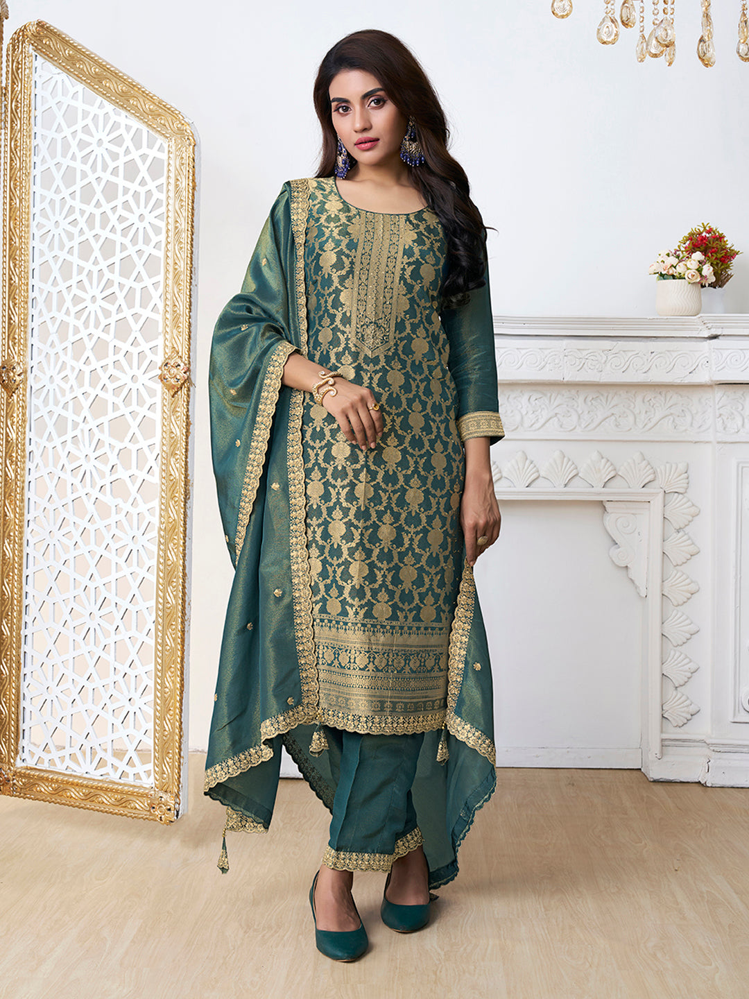 Green Tissue Shimmer Jacquard Kurta Suit Set