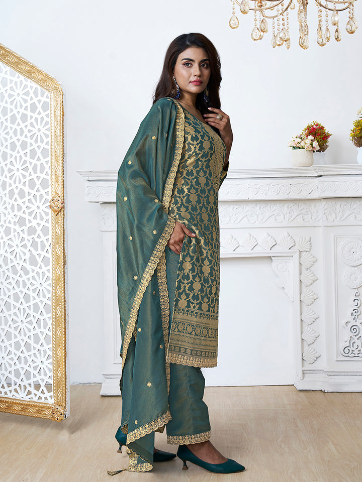 Green Tissue Shimmer Jacquard Kurta Suit Set