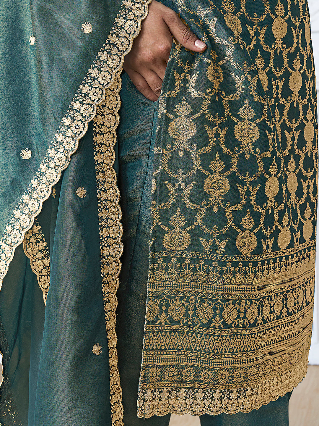 Green Tissue Shimmer Jacquard Kurta Suit Set