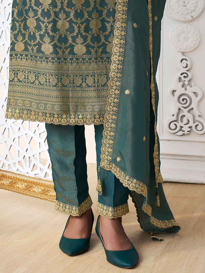 Green Tissue Shimmer Jacquard Kurta Suit Set