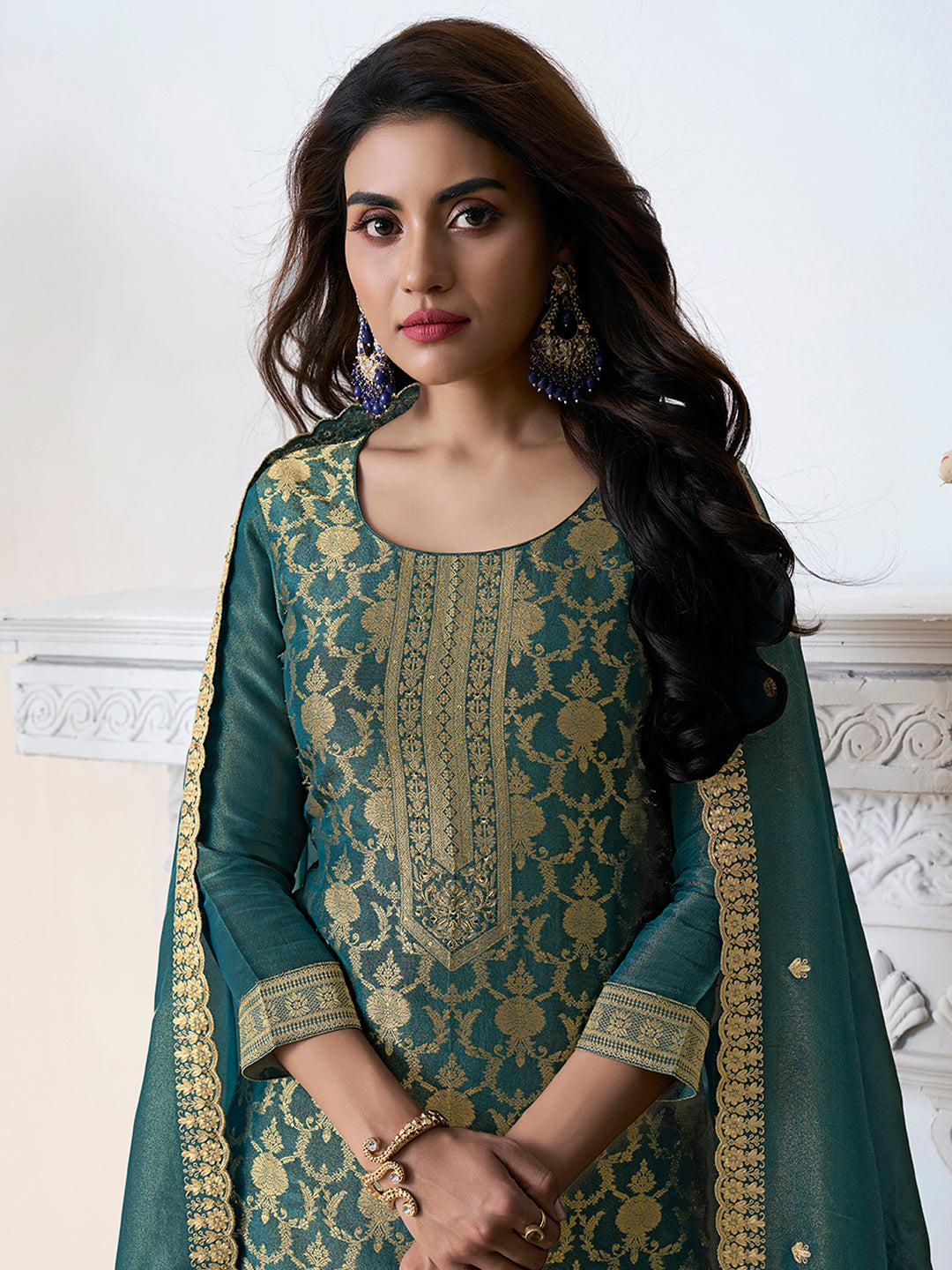 Green Tissue Shimmer Jacquard Kurta Suit Set